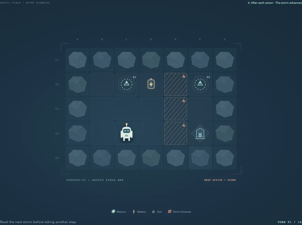 Aurora Outpost turn-based strategy board with a robot, beacons, energy, and storm cells