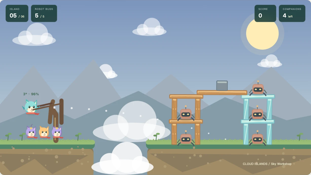 Cloud Sling physics puzzle with three companions facing a wooden and glass robot fortress