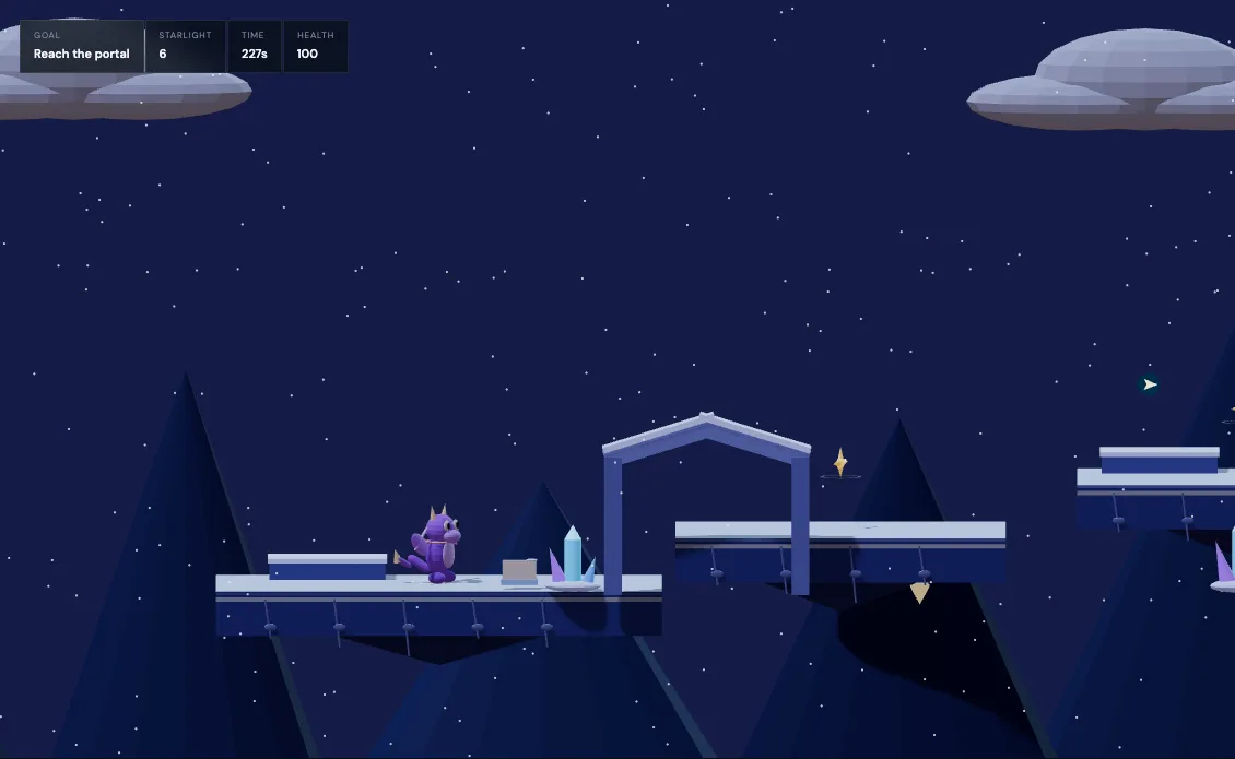 A small purple dragon crossing moonlit snow platforms beneath a starry sky