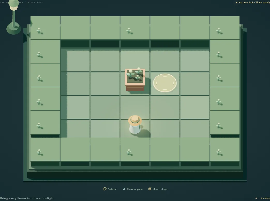 Moonlight Garden spatial puzzle with a robot, planters, moonlit goals, and a bridge