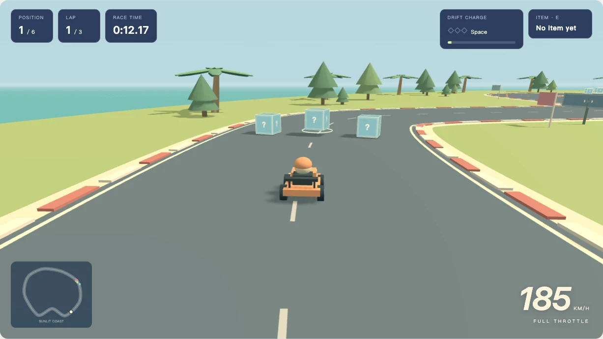 Neon Kart 3D arcade race with six karts, a coastal circuit, item boxes, and a minimap
