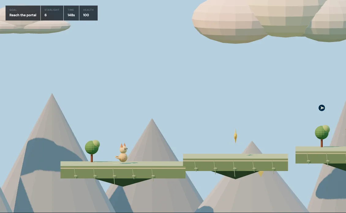 A tiny adventurer crossing bright floating islands toward a portal in the sky