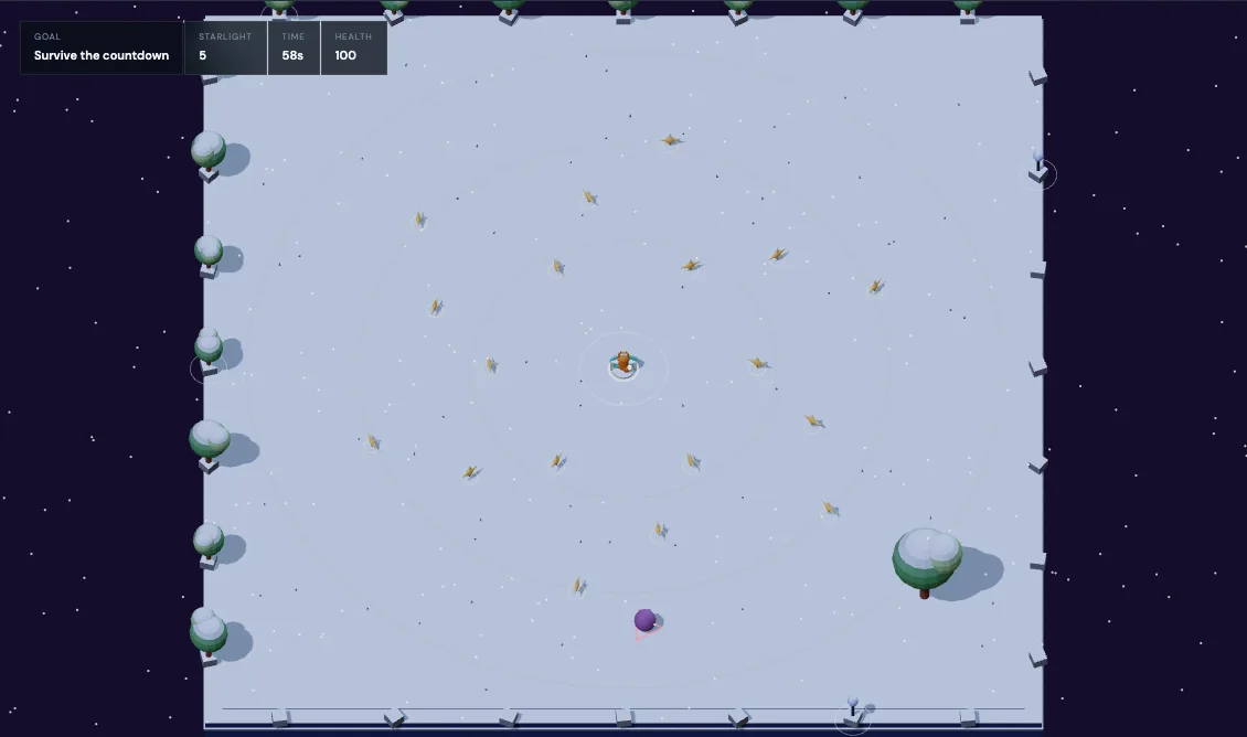 A snowy garden survival arena with a small fox, pursuers, and collectible starlight
