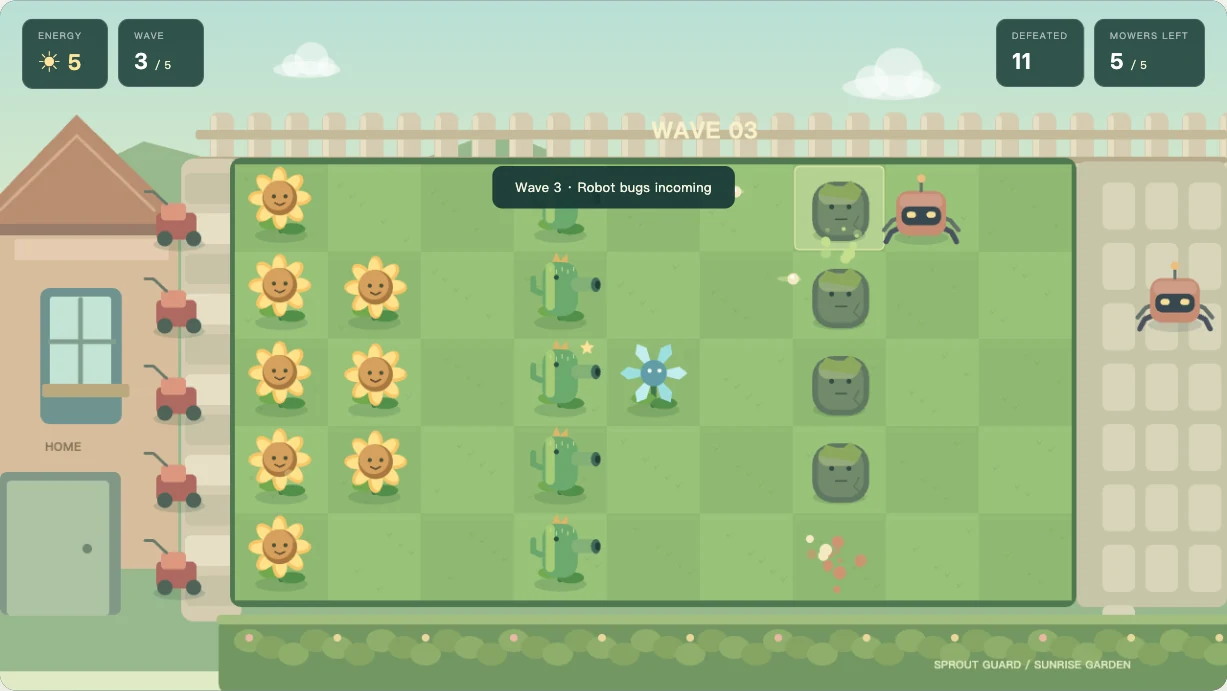 Sprout Guard five-lane garden defense with flowers, cacti, stones, and approaching robot bugs